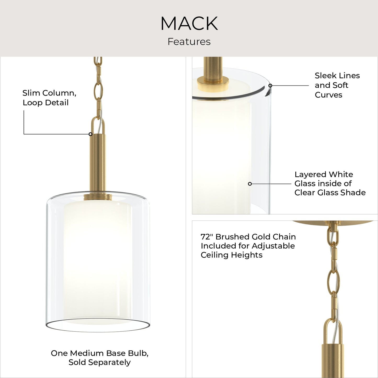 Progress Lighting P500515-191 Mack Pendant Feature Infographic - Layered Glass Shade and Brushed Gold Chain
