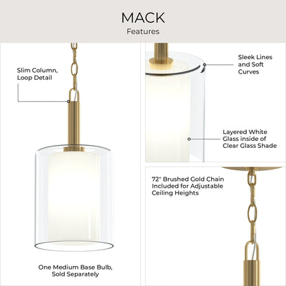 Progress Lighting P500515-191 Mack Pendant Feature Infographic - Layered Glass Shade and Brushed Gold Chain