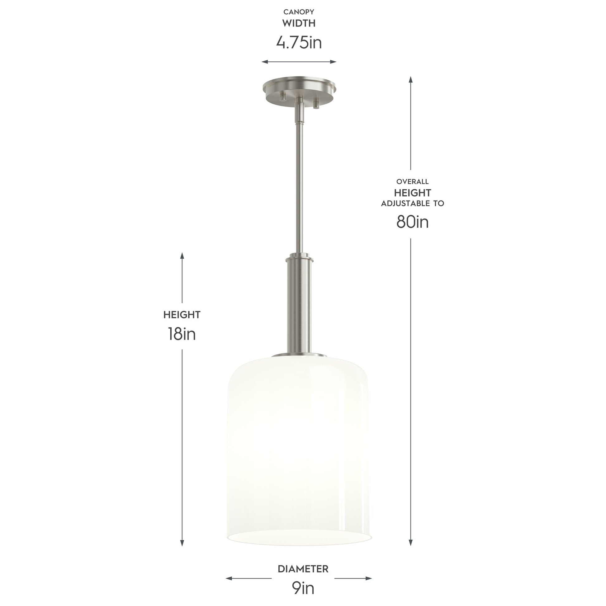 Progress Lighting P500516-009 Reines Brushed Nickel Pendant - Dimensions Diagram: 18in Height, 9in Diameter, 4.75in Canopy