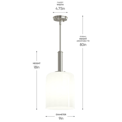 Progress Lighting P500516-009 Reines Brushed Nickel Pendant - Dimensions Diagram: 18in Height, 9in Diameter, 4.75in Canopy