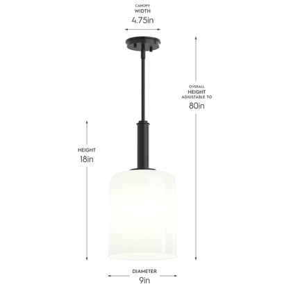 Progress Lighting P500516-31M Reines Pendant - Dimension Diagram: 9in Diameter, 18in Height, 4.75in Canopy, Adjustable to 80in