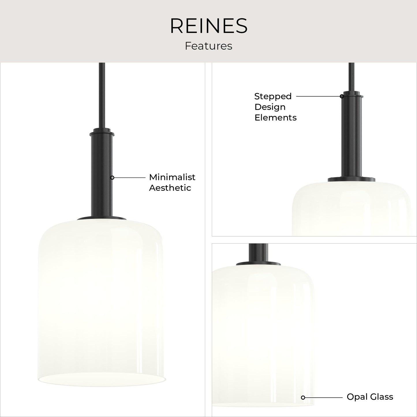 Progress Lighting P500516-31M Reines Pendant - Feature Infographic: Minimalist Aesthetic, Stepped Design Elements, Opal Glass
