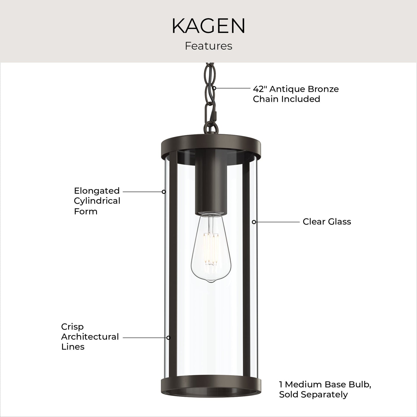 Progress Lighting P550145-020 Kagen Features Infographic: Elongated Cylindrical Form, Clear Glass, Crisp Architectural Lines, 42-inch Antique Bronze Chain, 1 Medium Base Bulb Sold Separately