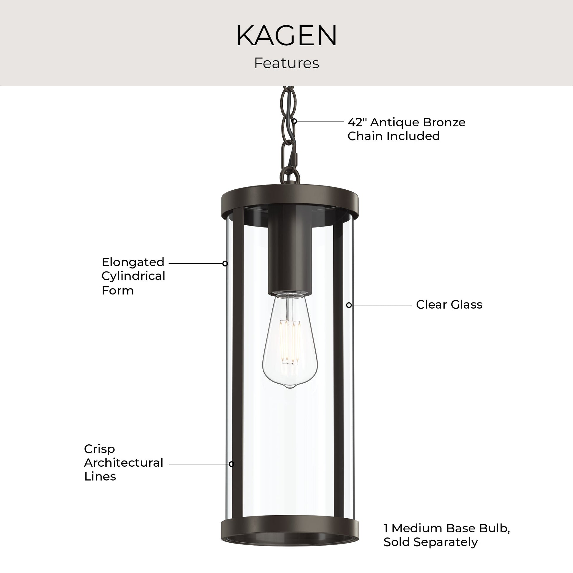 Progress Lighting P550145-020 Kagen Features Infographic: Elongated Cylindrical Form, Clear Glass, Crisp Architectural Lines, 42-inch Antique Bronze Chain, 1 Medium Base Bulb Sold Separately