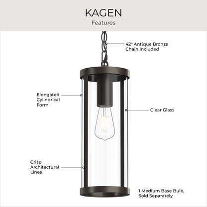 Progress Lighting P550145-020 Kagen Features Infographic: Elongated Cylindrical Form, Clear Glass, Crisp Architectural Lines, 42-inch Antique Bronze Chain, 1 Medium Base Bulb Sold Separately