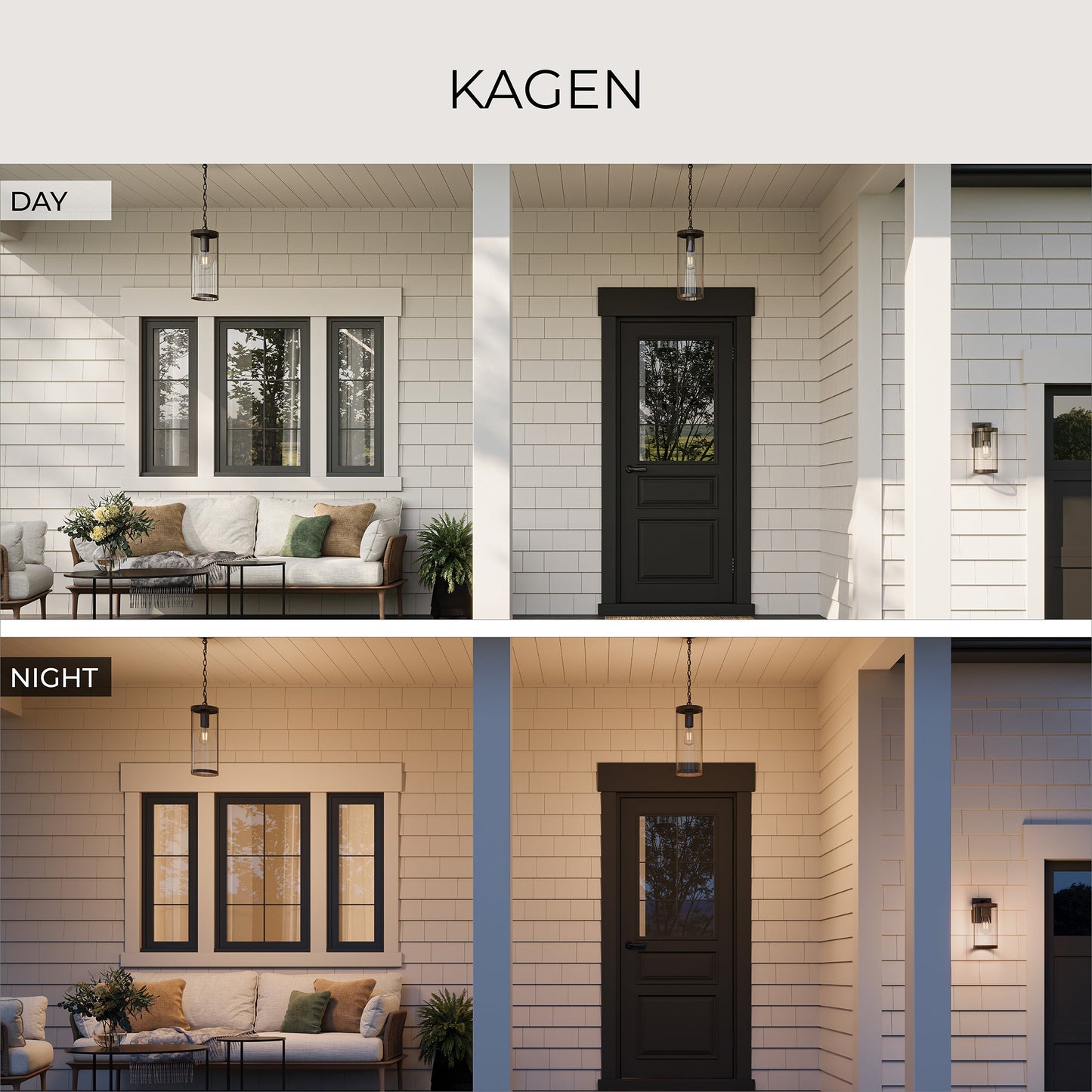 Progress Lighting P550145-020 Kagen Outdoor Pendant Hanging Lantern shown Day and Night in various outdoor settings