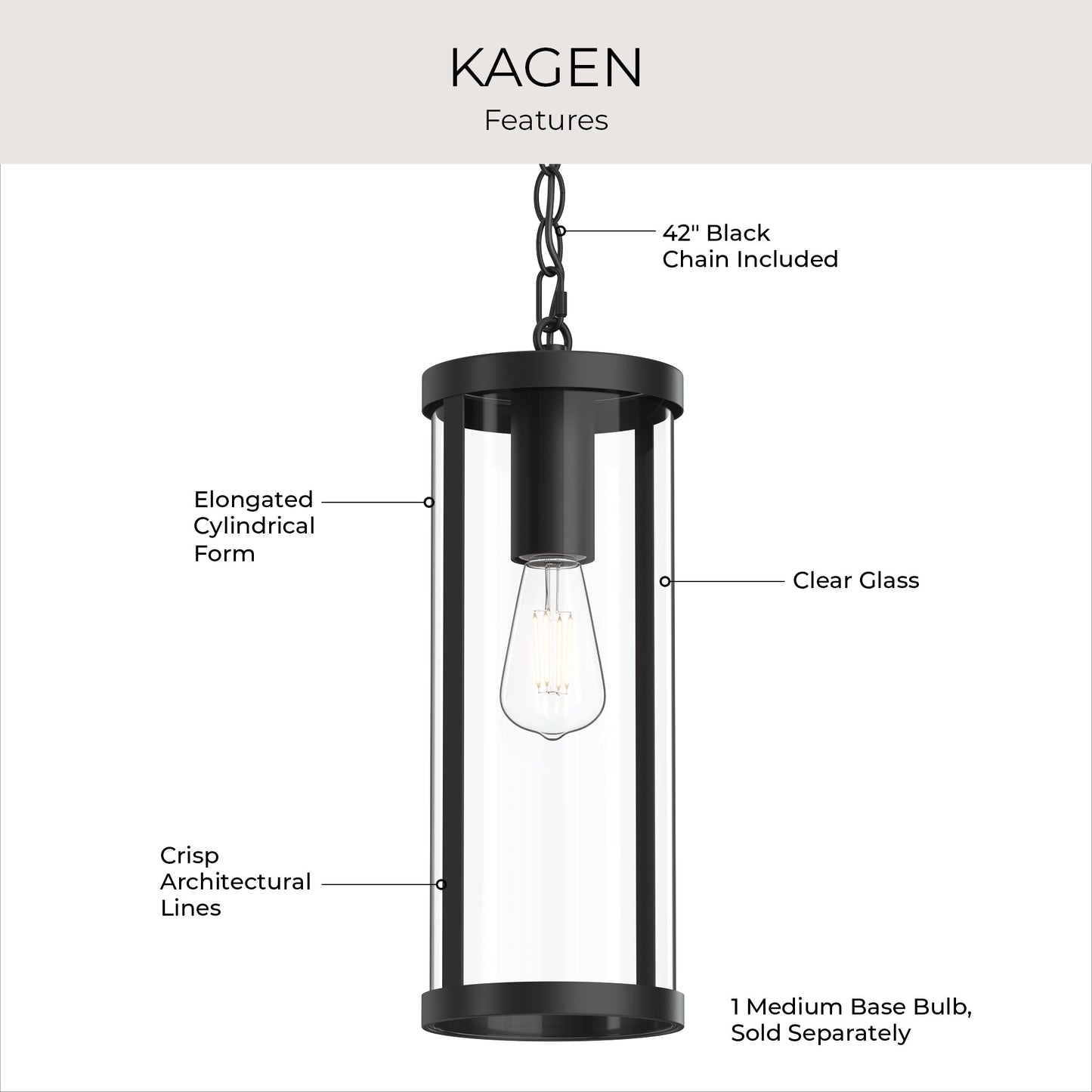 Progress Lighting P550145-31M Kagen Features Infographic - Elongated Cylindrical Form, Clear Glass, 42 Inch Black Chain