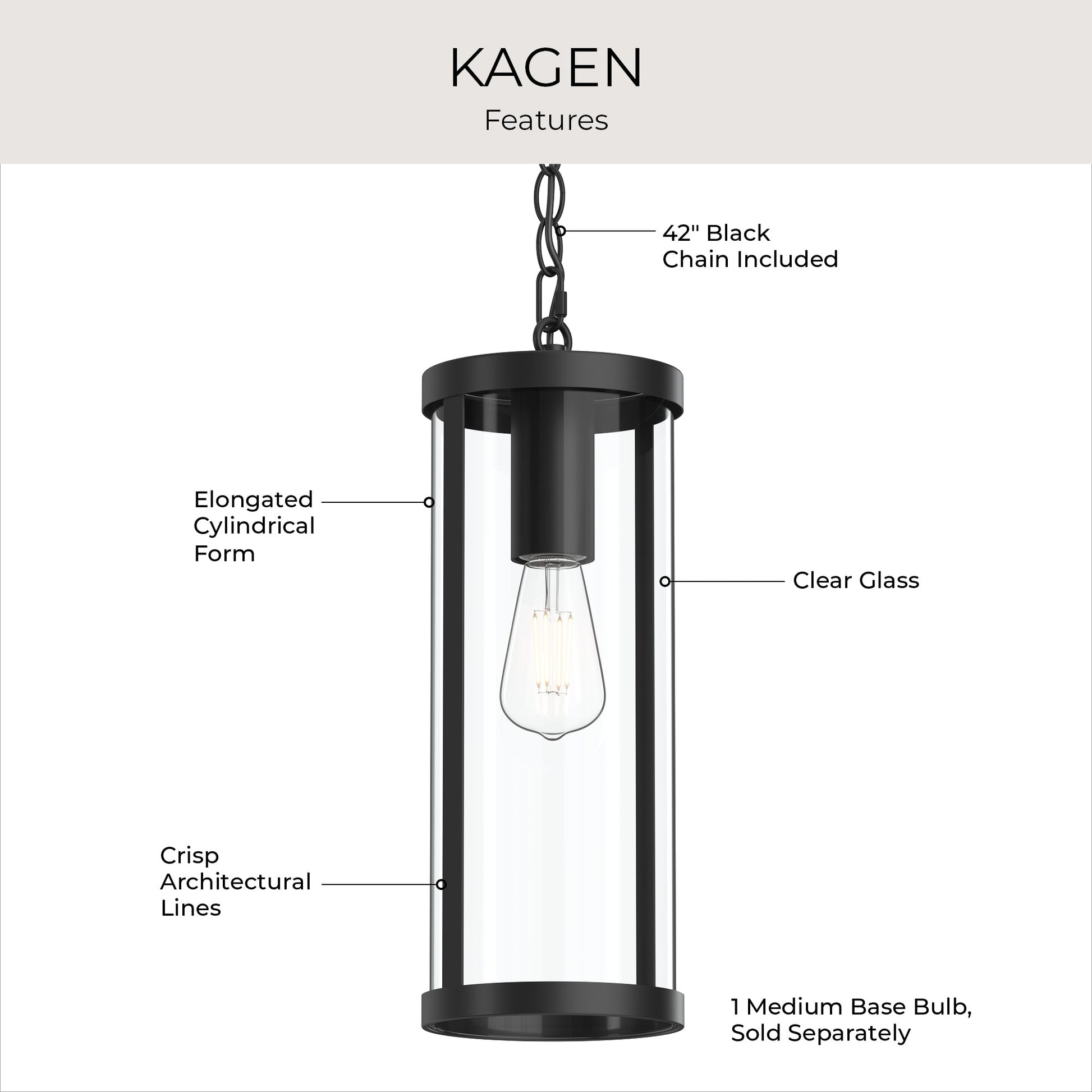 Progress Lighting P550145-31M Kagen Features Infographic - Elongated Cylindrical Form, Clear Glass, 42 Inch Black Chain