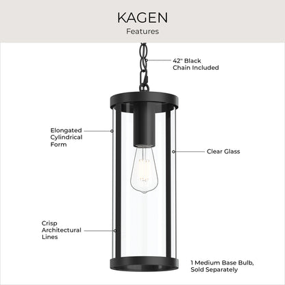 Progress Lighting P550145-31M Kagen Features Infographic - Elongated Cylindrical Form, Clear Glass, 42 Inch Black Chain