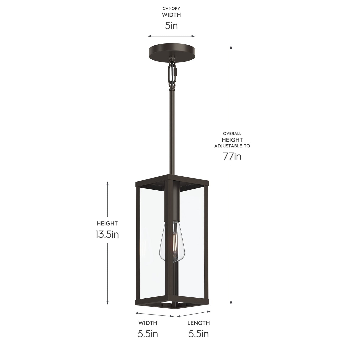 Progress Lighting P550146-020 Ryle dimensions diagram showing 5.5in width, 13.5in height, 5in canopy, adjustable to 77in