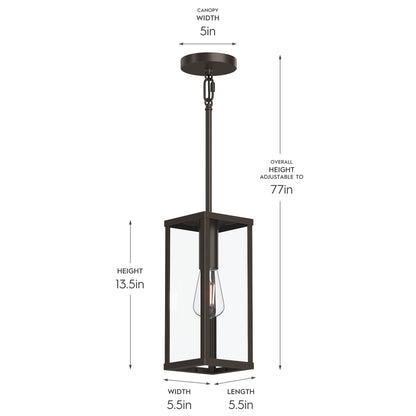 Progress Lighting P550146-020 Ryle dimensions diagram showing 5.5in width, 13.5in height, 5in canopy, adjustable to 77in