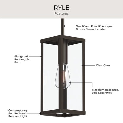 Progress Lighting P550146-020 Ryle features infographic highlighting elongated rectangular form, clear glass, and included stems