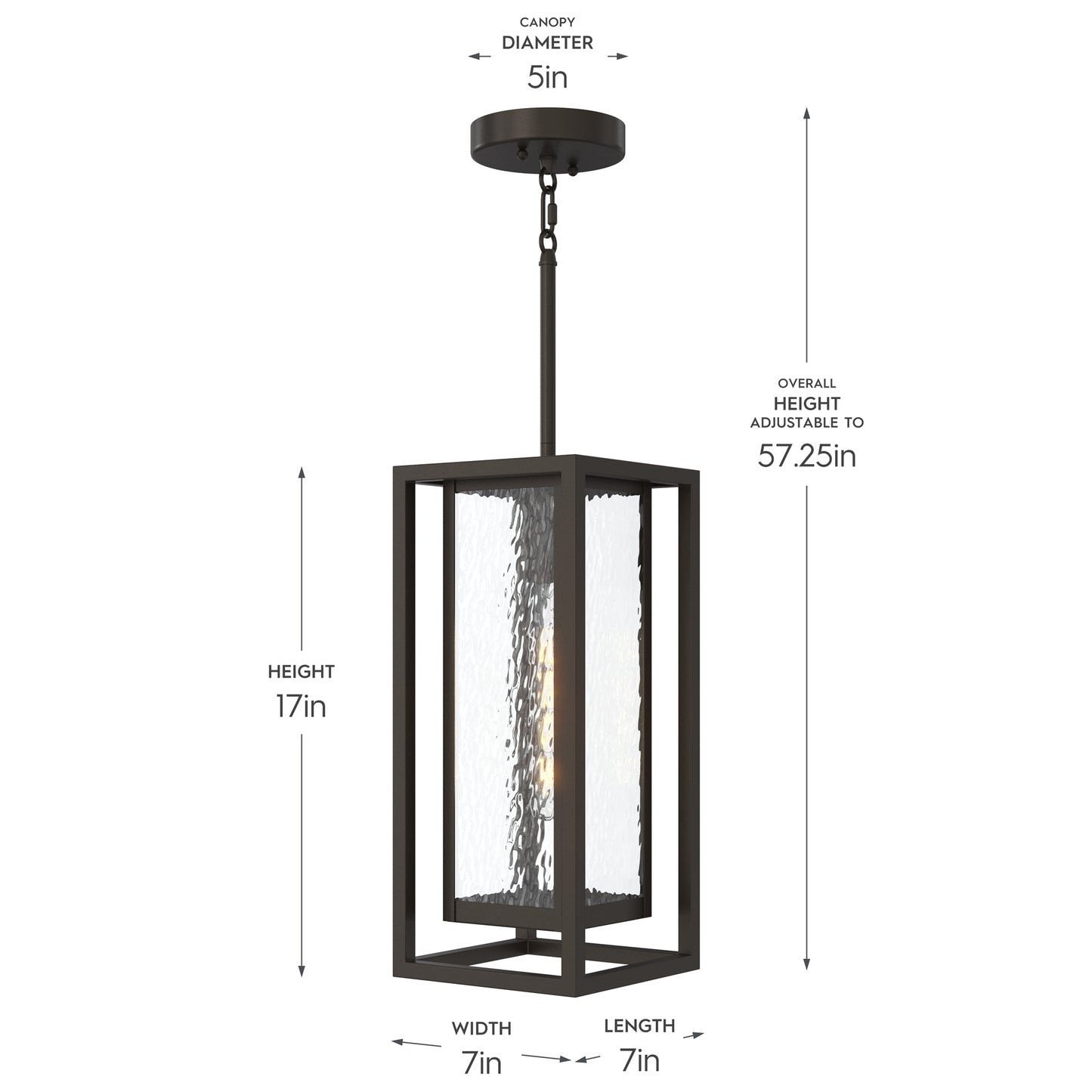 Progress Lighting P550148-020 Shaw Outdoor Pendant Hanging Lantern - Dimension Diagram: 17in Height, 7in Width, 7in Length, 5in Canopy Diameter, 57.25in Max Adjustable Height