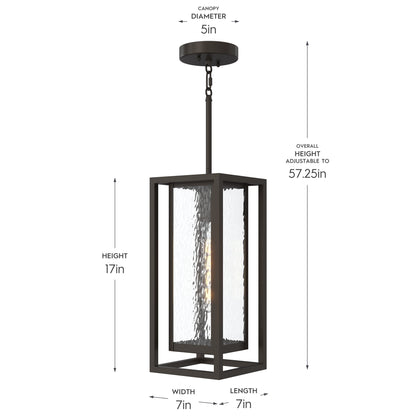 Progress Lighting P550148-020 Shaw Outdoor Pendant Hanging Lantern - Dimension Diagram: 17in Height, 7in Width, 7in Length, 5in Canopy Diameter, 57.25in Max Adjustable Height
