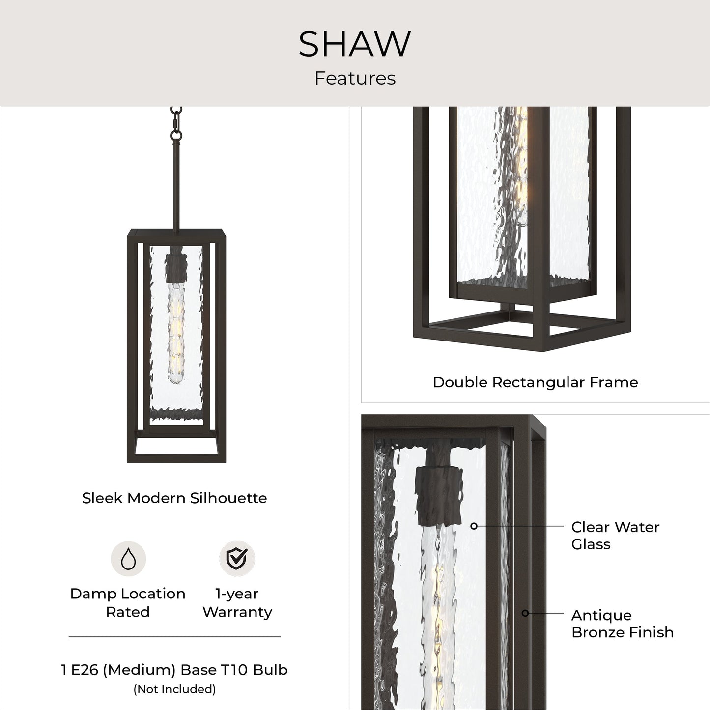 Progress Lighting P550148-020 Shaw Outdoor Pendant - Features Infographic: Double Rectangular Frame, Clear Water Glass, Antique Bronze Finish, Damp Location Rated