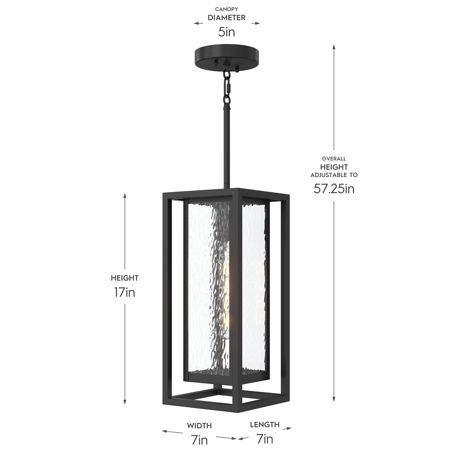 Progress Lighting P550148-031 Shaw Outdoor Pendant - Dimensions Diagram: Height 17in, Width 7in, Length 7in, Canopy Diameter 5in, Overall Height Adjustable to 57.25in
