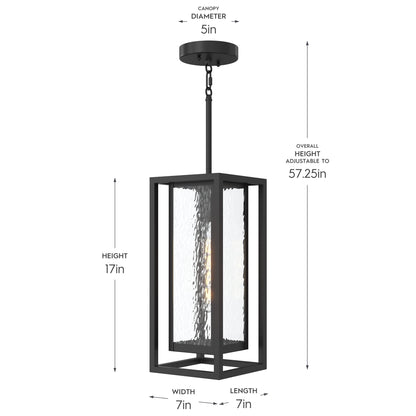 Progress Lighting P550148-031 Shaw Outdoor Pendant - Dimensions Diagram: Height 17in, Width 7in, Length 7in, Canopy Diameter 5in, Overall Height Adjustable to 57.25in