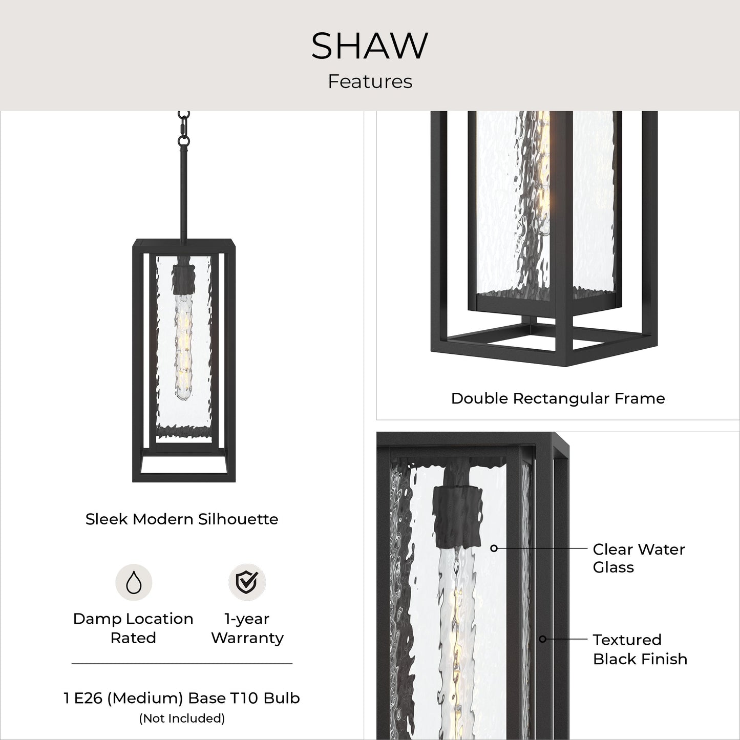 Progress Lighting P550148-031 Shaw Outdoor Pendant - Features Infographic: Double Rectangular Frame, Clear Water Glass, Textured Black Finish, Damp Location Rated