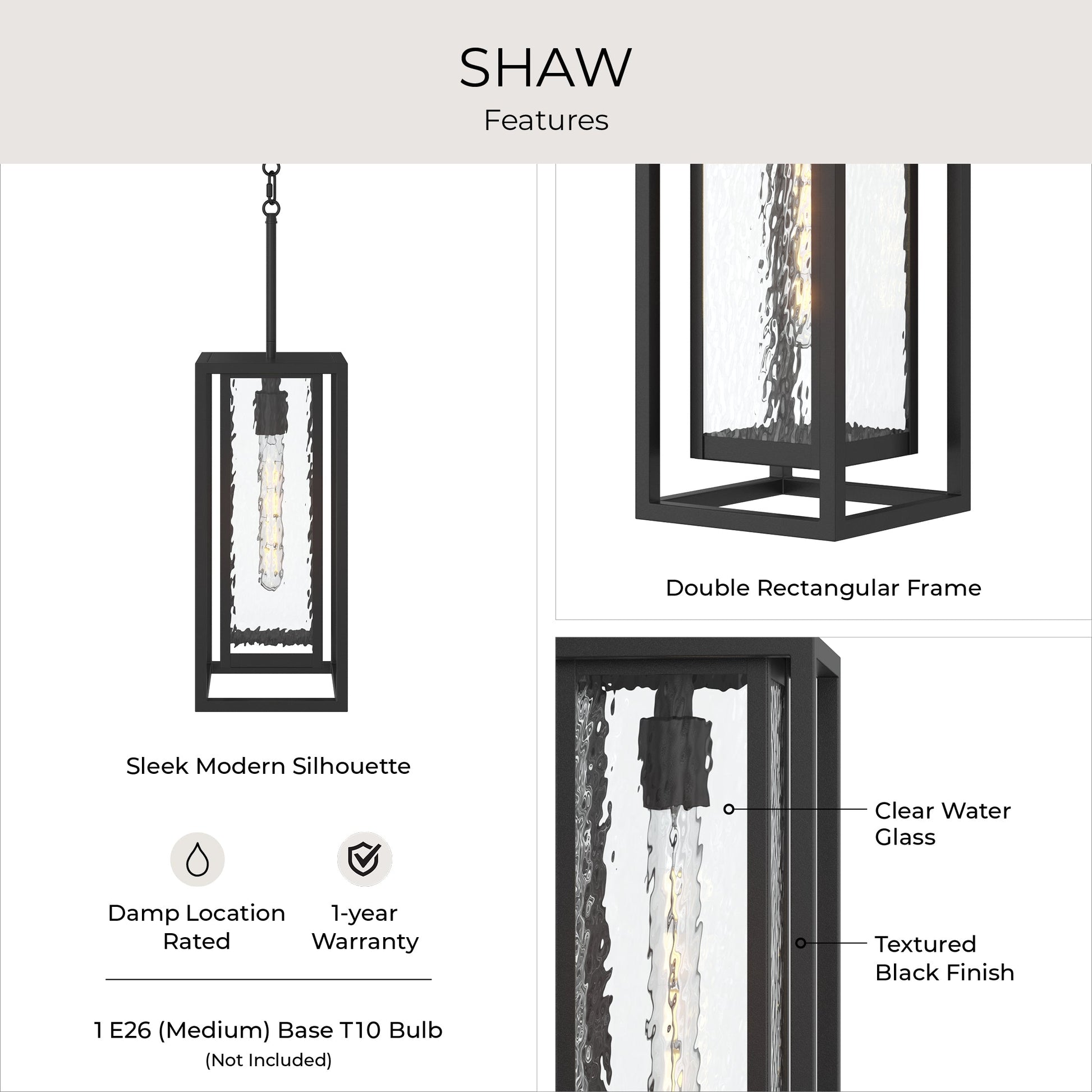 Progress Lighting P550148-031 Shaw Outdoor Pendant - Features Infographic: Double Rectangular Frame, Clear Water Glass, Textured Black Finish, Damp Location Rated
