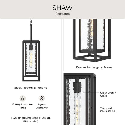 Progress Lighting P550148-031 Shaw Outdoor Pendant - Features Infographic: Double Rectangular Frame, Clear Water Glass, Textured Black Finish, Damp Location Rated