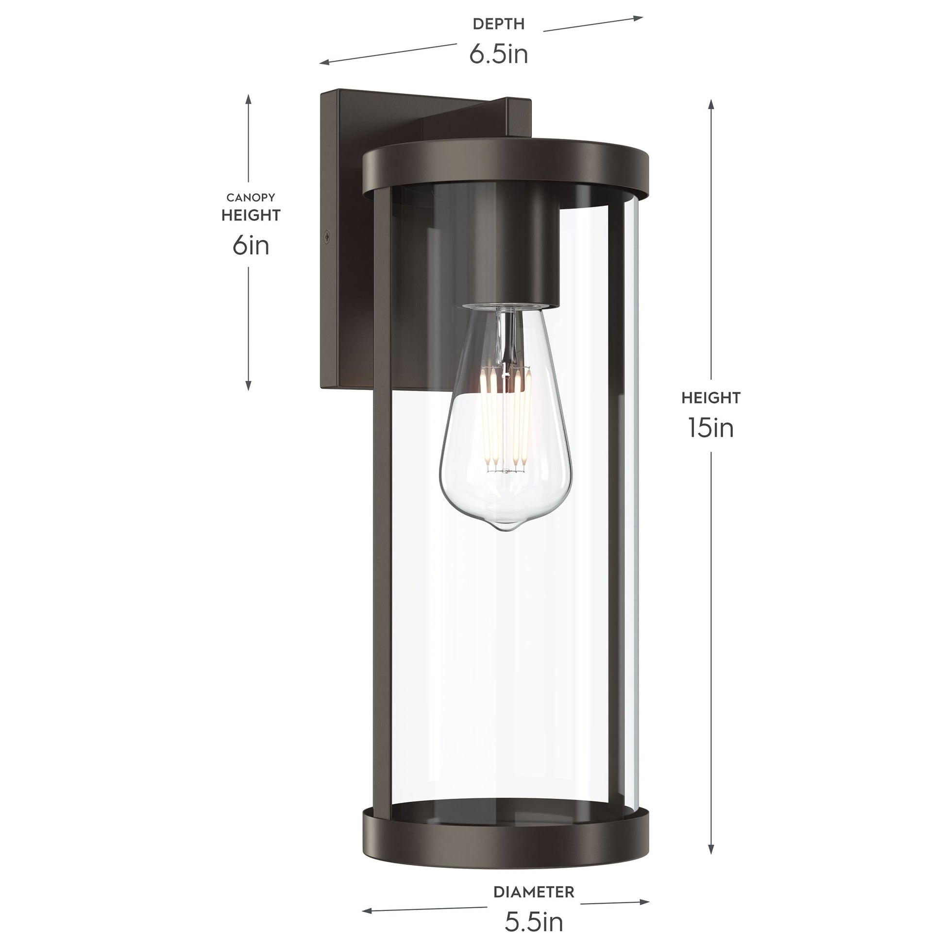 Progress Lighting P560395-020 Kagen Outdoor Wall Lantern - Dimensions Diagram: Height 15in, Depth 6.5in, Diameter 5.5in, Canopy Height 6in