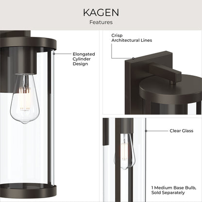 Progress Lighting P560395-020 Kagen Outdoor Wall Lantern - Features Infographic: Elongated Cylinder Design, Clear Glass, Crisp Architectural Lines