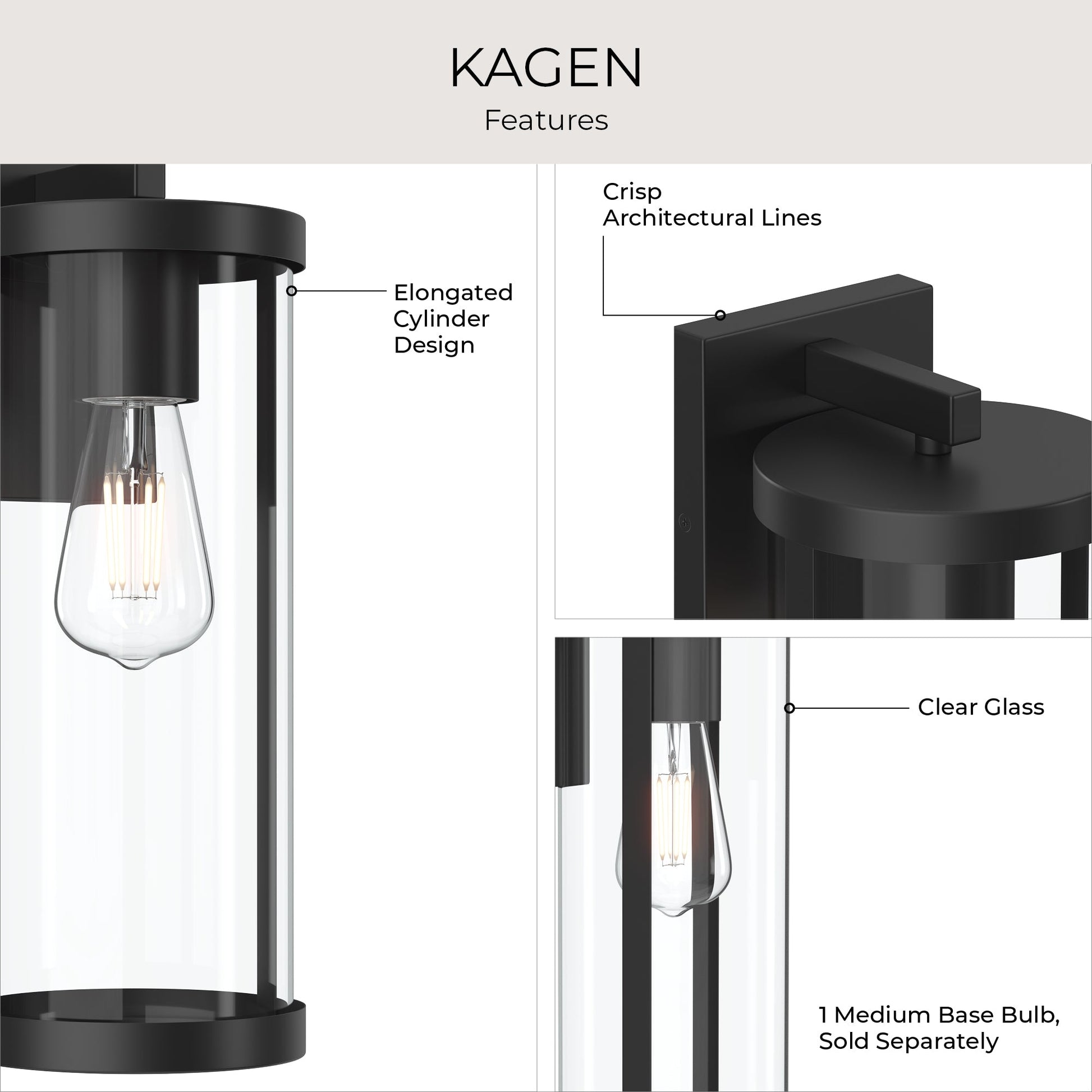Progress Lighting P560395-31M Kagen Outdoor Wall Lantern Feature Infographic - Elongated Cylinder, Clear Glass, Crisp Architectural Lines