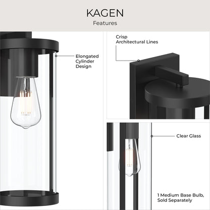Progress Lighting P560395-31M Kagen Outdoor Wall Lantern Feature Infographic - Elongated Cylinder, Clear Glass, Crisp Architectural Lines