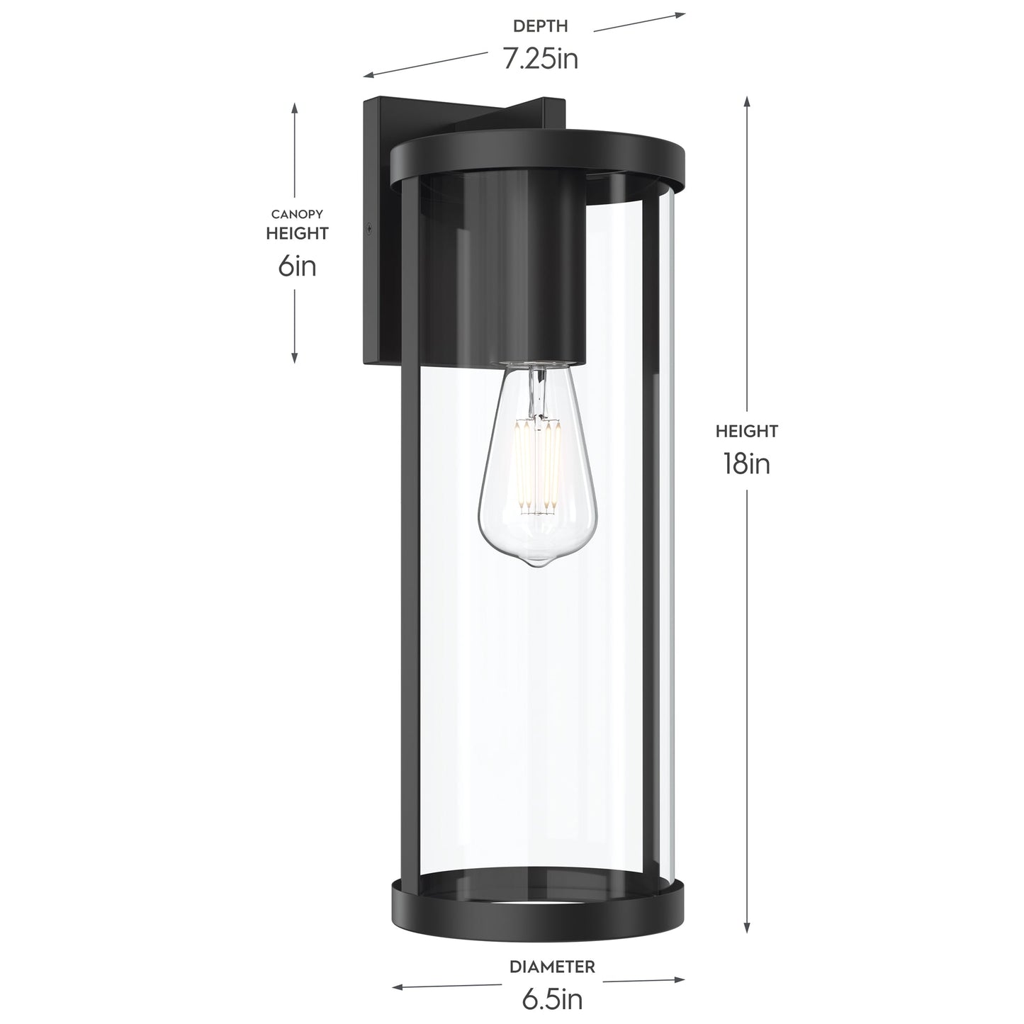 Progress Lighting P560396-31M Kagen Outdoor Wall Lantern - Dimensions Diagram 18in Height 7.25in Depth 6.5in Diameter