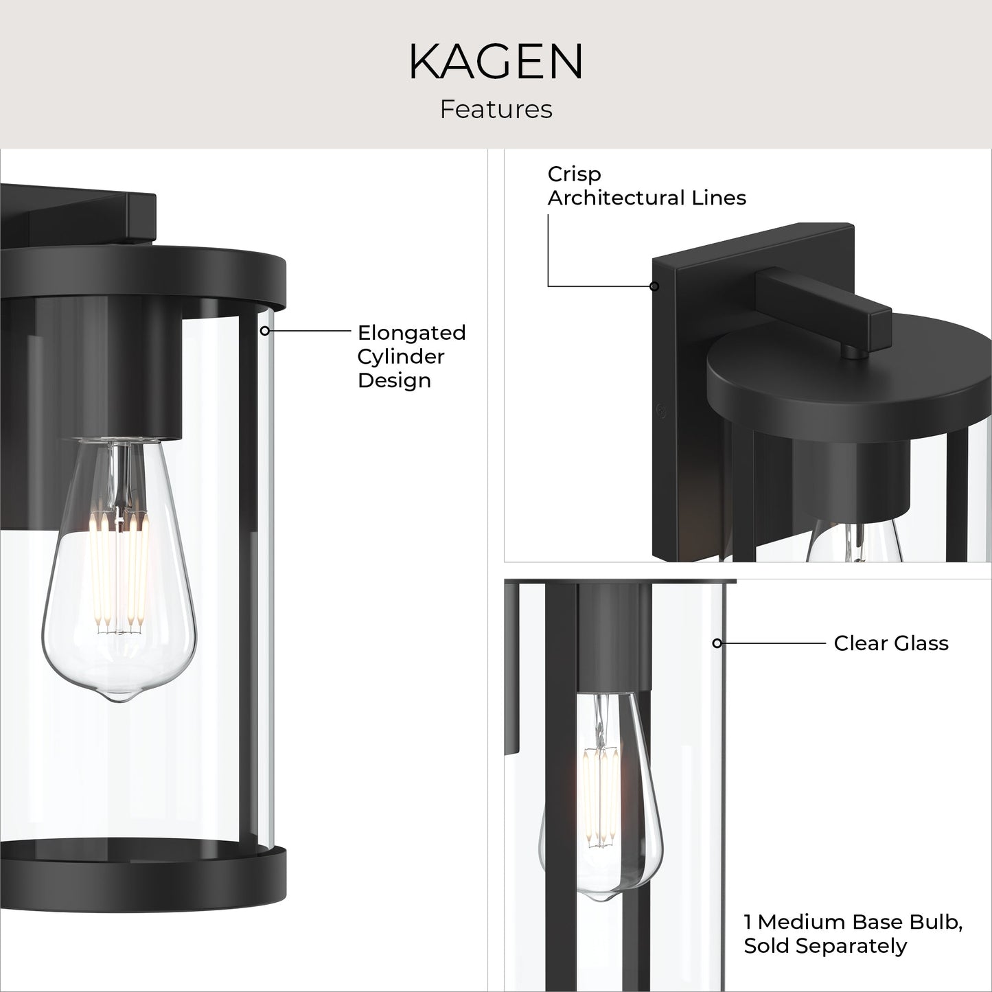 Progress Lighting P560396-31M Kagen Outdoor Wall Lantern - Feature Callout Infographic Clear Glass Elongated Cylinder