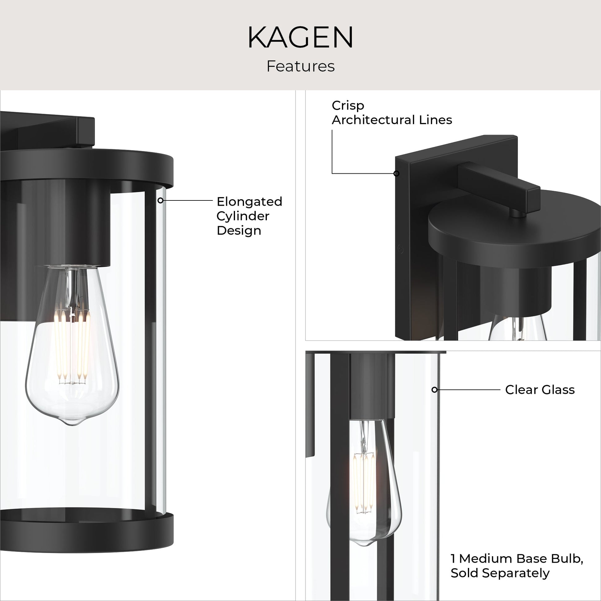 Progress Lighting P560396-31M Kagen Outdoor Wall Lantern - Feature Callout Infographic Clear Glass Elongated Cylinder
