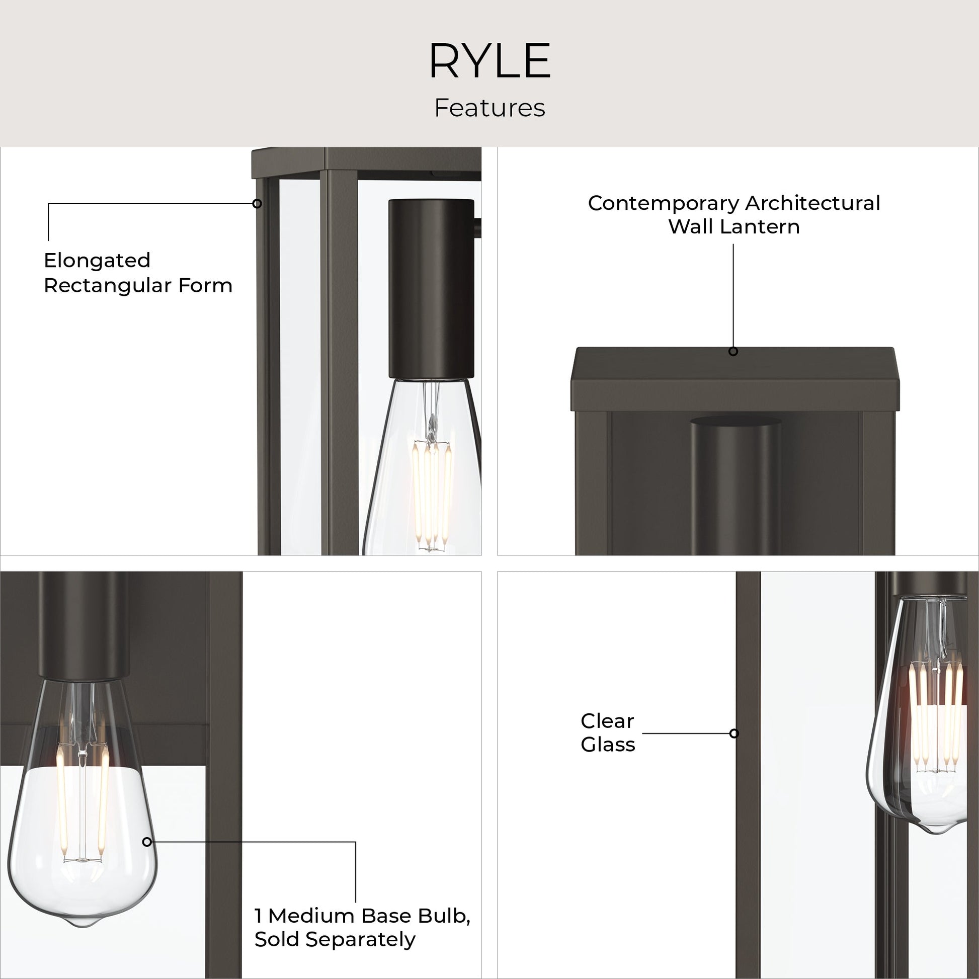 Progress Lighting P560397-020 Ryle Wall Lantern Features - Clear Glass Panels, Elongated Rectangular Form, 1 Medium Base Bulb