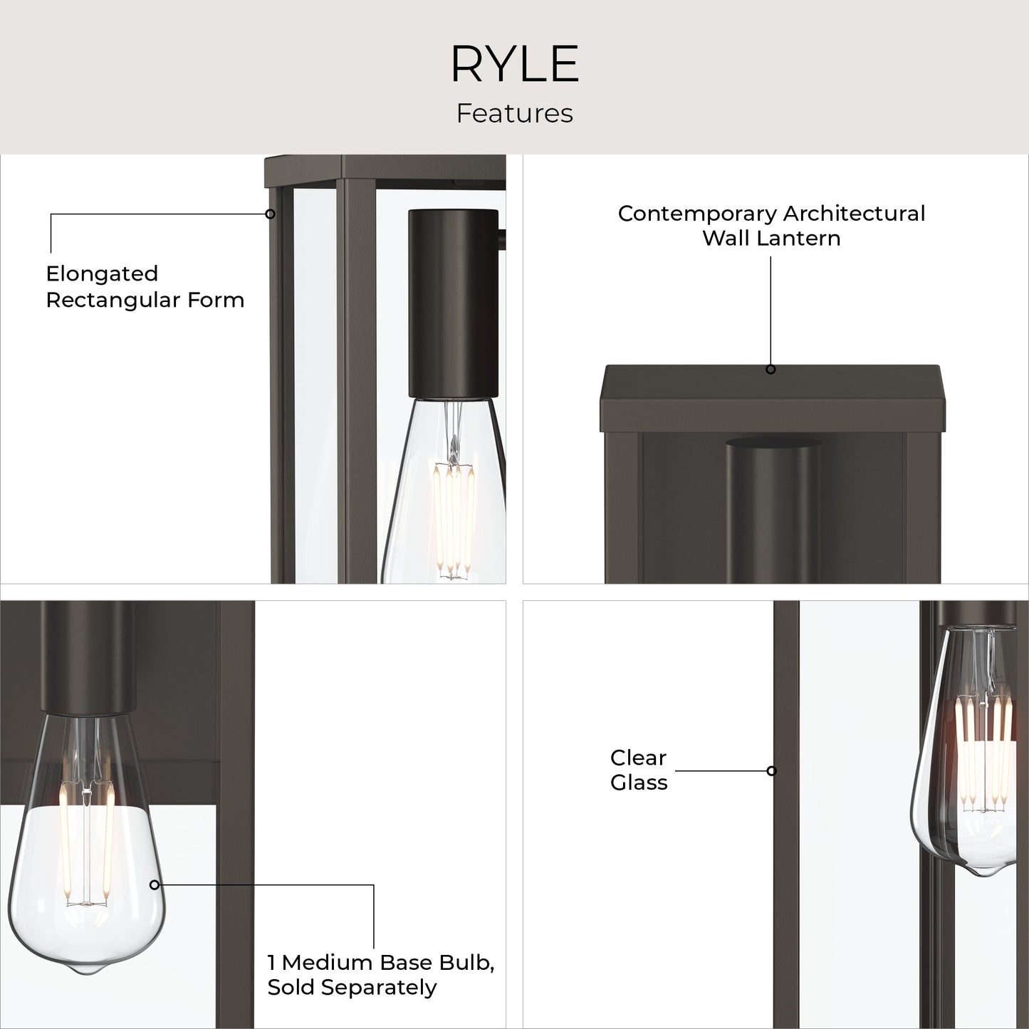 Progress Lighting P560398-020 Ryle Outdoor Wall Lantern Features: Elongated Rectangular Form, Clear Glass, 1 Medium Base Bulb