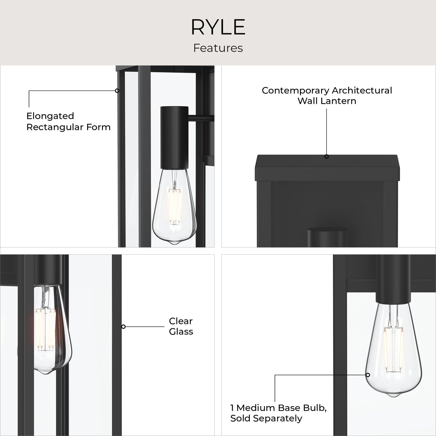 Progress Lighting P560399-31M Ryle Wall Lantern Feature Infographic - Clear Glass Panels and Elongated Rectangular Form