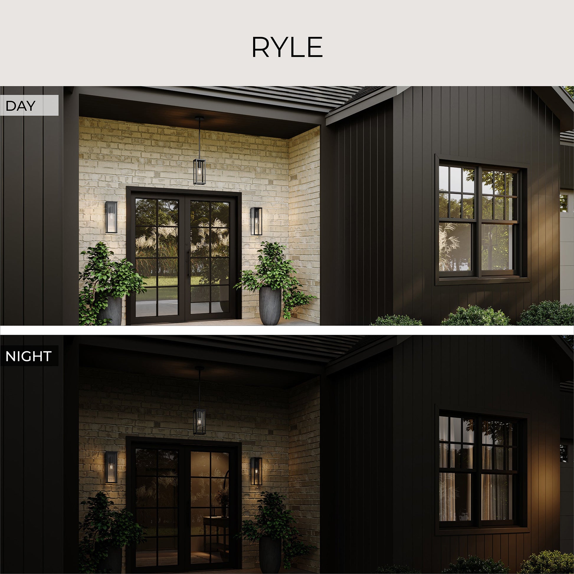 Progress Lighting Ryle Collection Outdoor Wall Lantern Day and Night Lifestyle Infographic