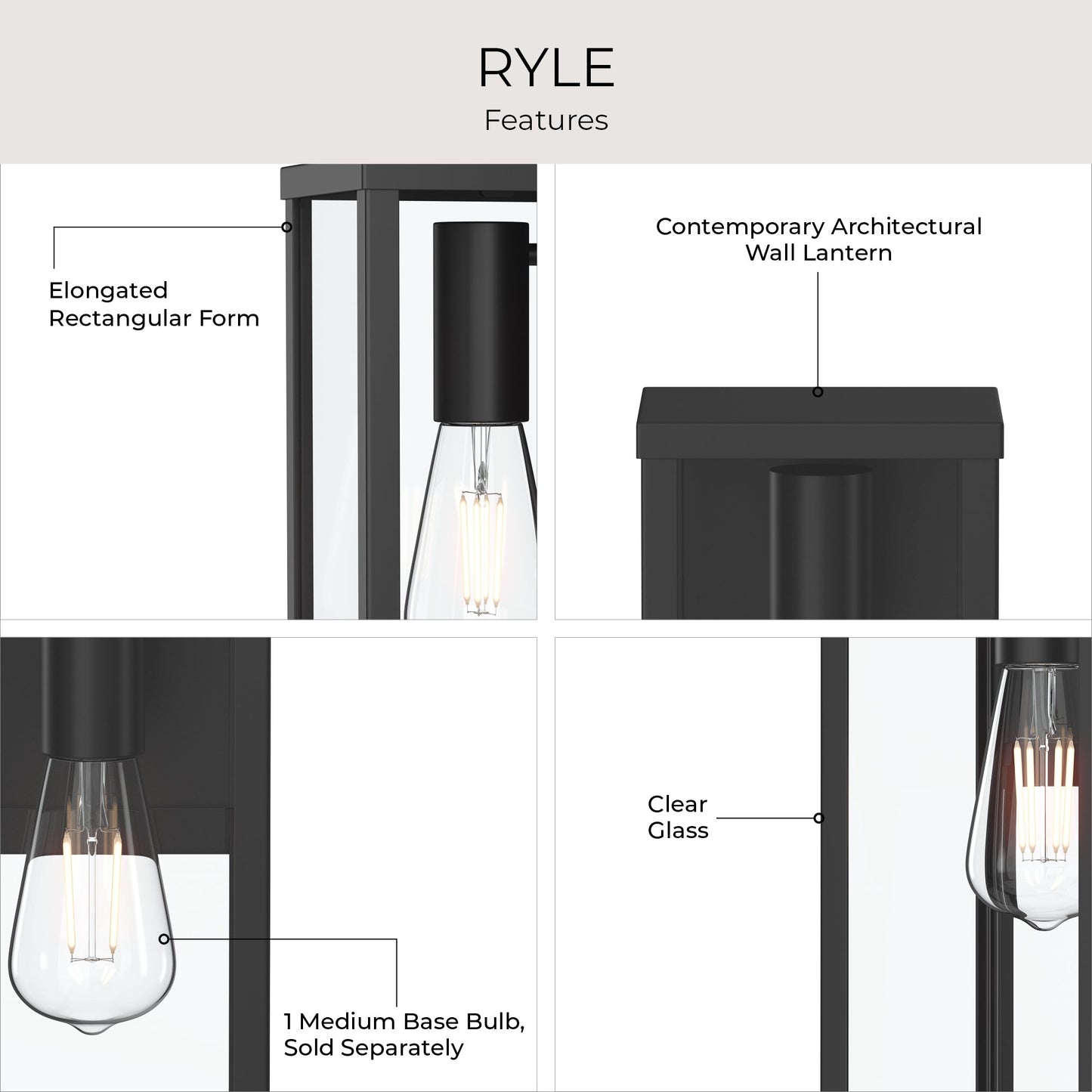 Progress Lighting P560400-31M Ryle Outdoor Wall Lantern - Feature Infographic with Clear Glass and Elongated Rectangular Form