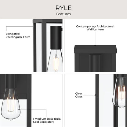 Progress Lighting P560400-31M Ryle Outdoor Wall Lantern - Feature Infographic with Clear Glass and Elongated Rectangular Form