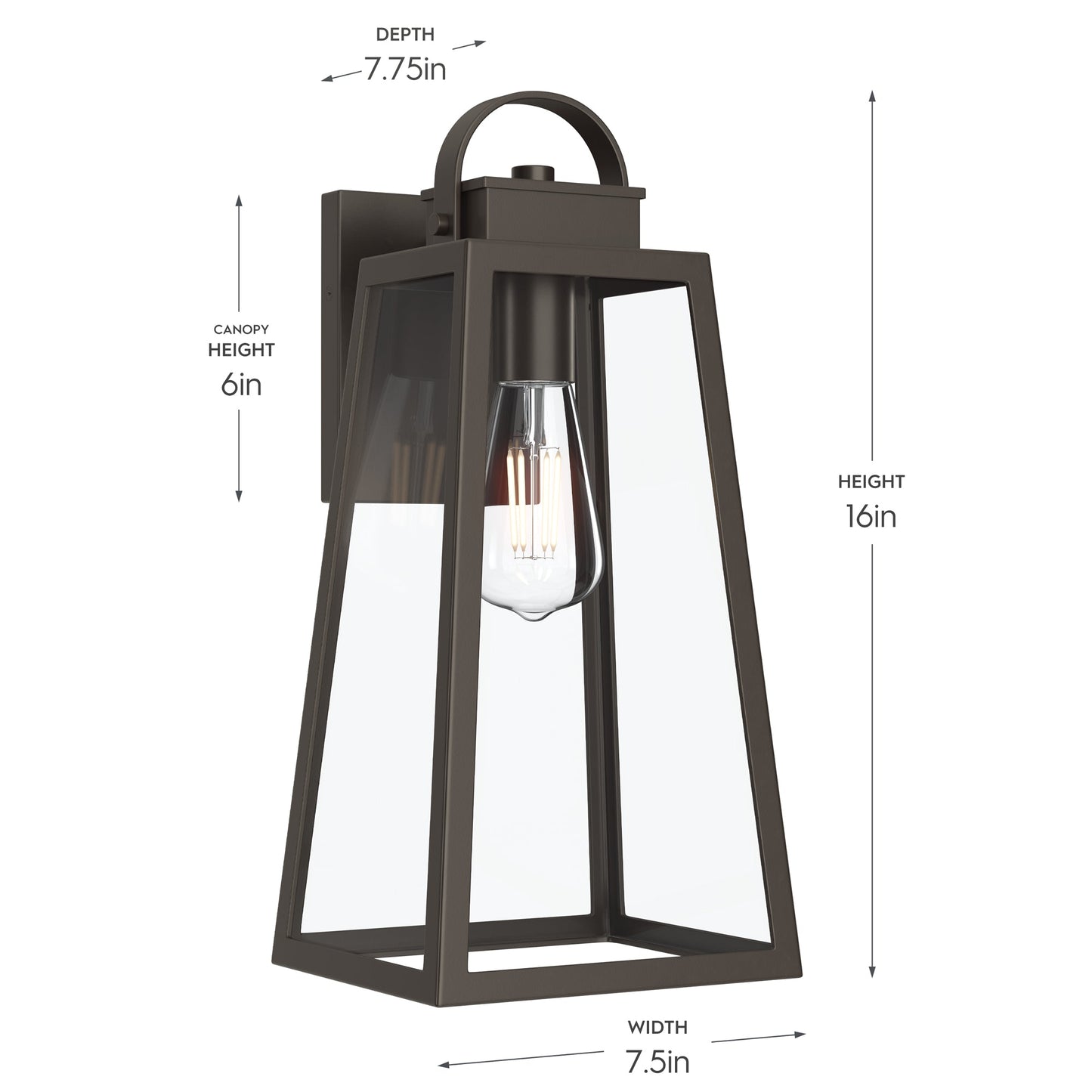 Progress Lighting P560403-020 Hedry Antique Bronze Outdoor Wall Lantern - Dimensions Diagram 16in Height 7.5in Width 7.75in Depth