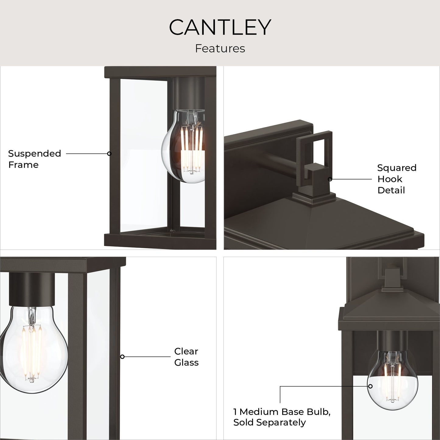 Progress Lighting P560404-020 Cantley Outdoor Wall Lantern Feature Highlights - Suspended Frame, Squared Hook Detail, Clear Glass