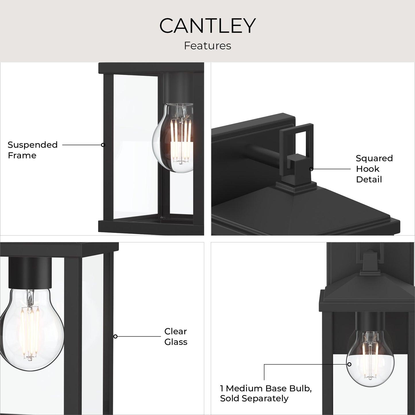 Progress Lighting P560404-31M Cantley Outdoor Wall Lantern - Features Infographic: Suspended Frame, Squared Hook Detail, Clear Glass, 1 Medium Base Bulb