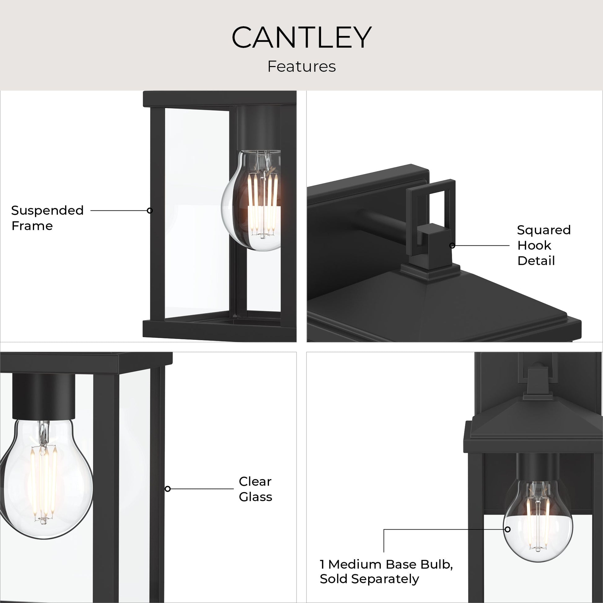 Progress Lighting P560404-31M Cantley Outdoor Wall Lantern - Features Infographic: Suspended Frame, Squared Hook Detail, Clear Glass, 1 Medium Base Bulb