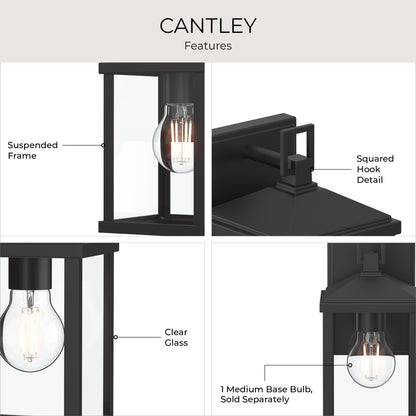 Progress Lighting P560404-31M Cantley Outdoor Wall Lantern - Features Infographic: Suspended Frame, Squared Hook Detail, Clear Glass, 1 Medium Base Bulb