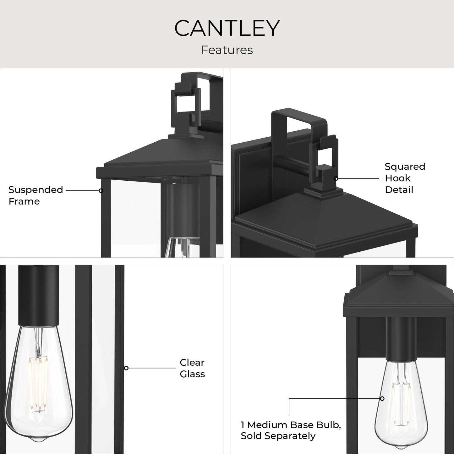 Progress Lighting P560405-31M Cantley Outdoor Wall Lantern - Feature Infographic: Suspended Frame, Squared Hook Detail, Clear Glass