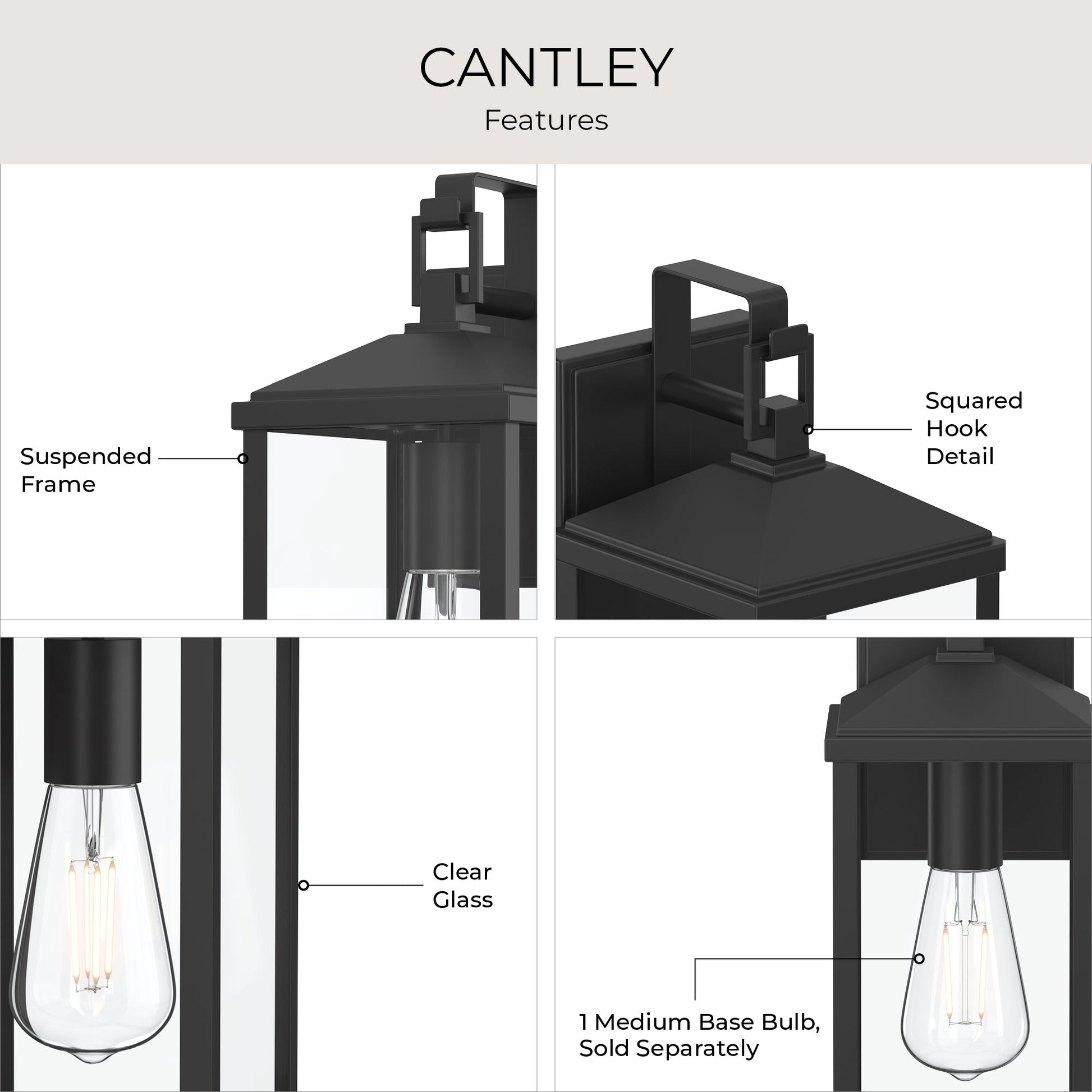 Progress Lighting P560405-31M Cantley Outdoor Wall Lantern - Feature Infographic: Suspended Frame, Squared Hook Detail, Clear Glass