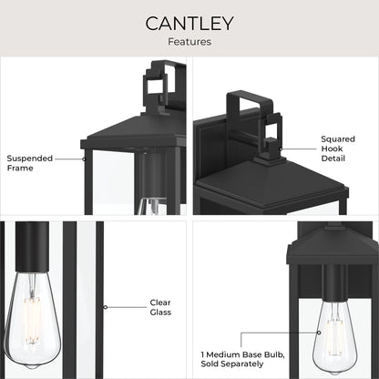 Progress Lighting P560405-31M Cantley Outdoor Wall Lantern - Feature Infographic: Suspended Frame, Squared Hook Detail, Clear Glass