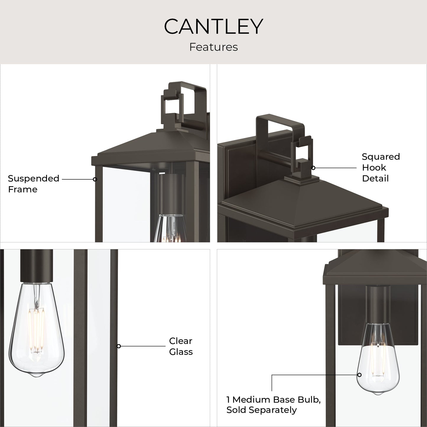 Progress Lighting P560406-020 Cantley Outdoor Wall Lantern - Feature Infographic: Suspended Frame, Squared Hook Detail, Clear Glass