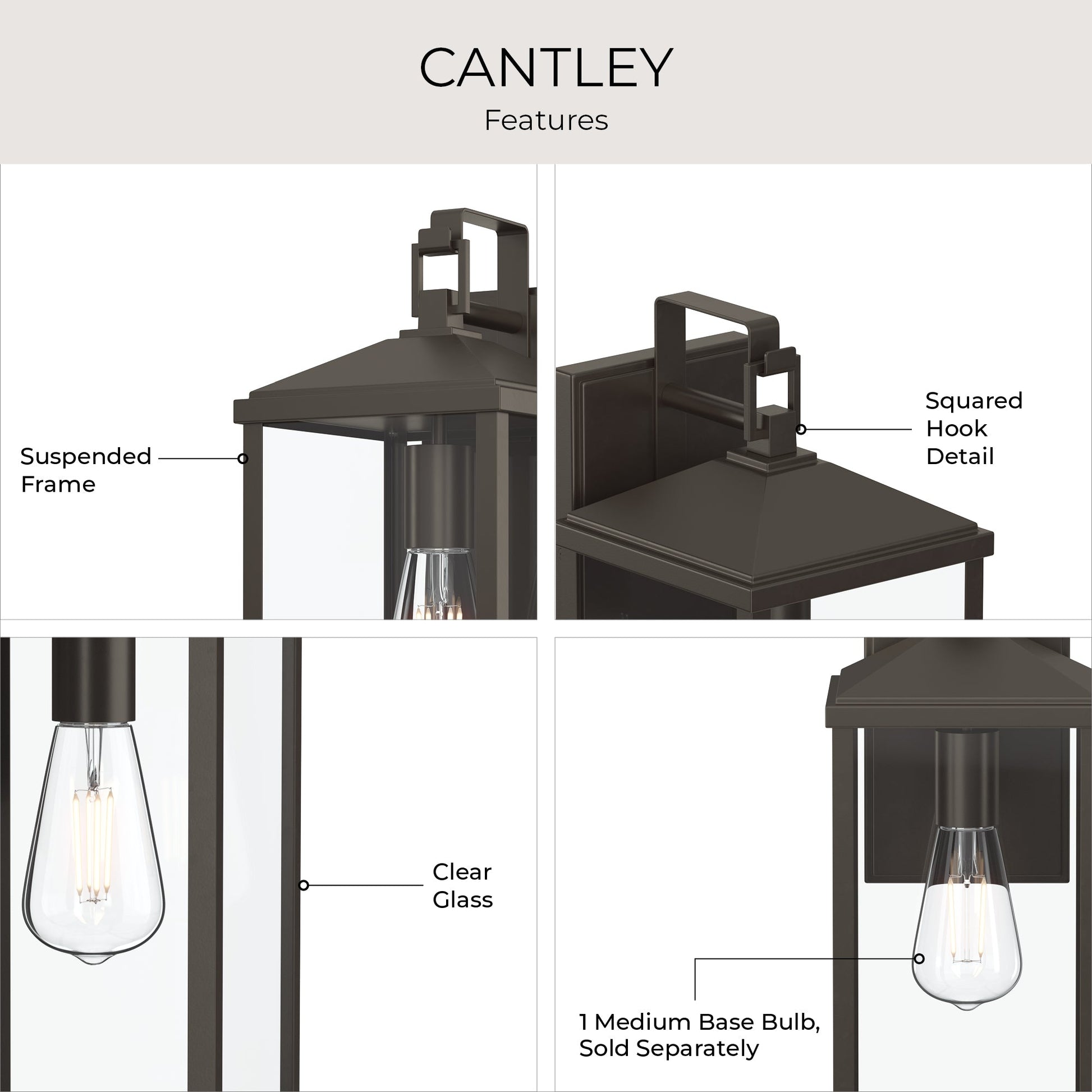 Progress Lighting P560406-020 Cantley Outdoor Wall Lantern - Feature Infographic: Suspended Frame, Squared Hook Detail, Clear Glass