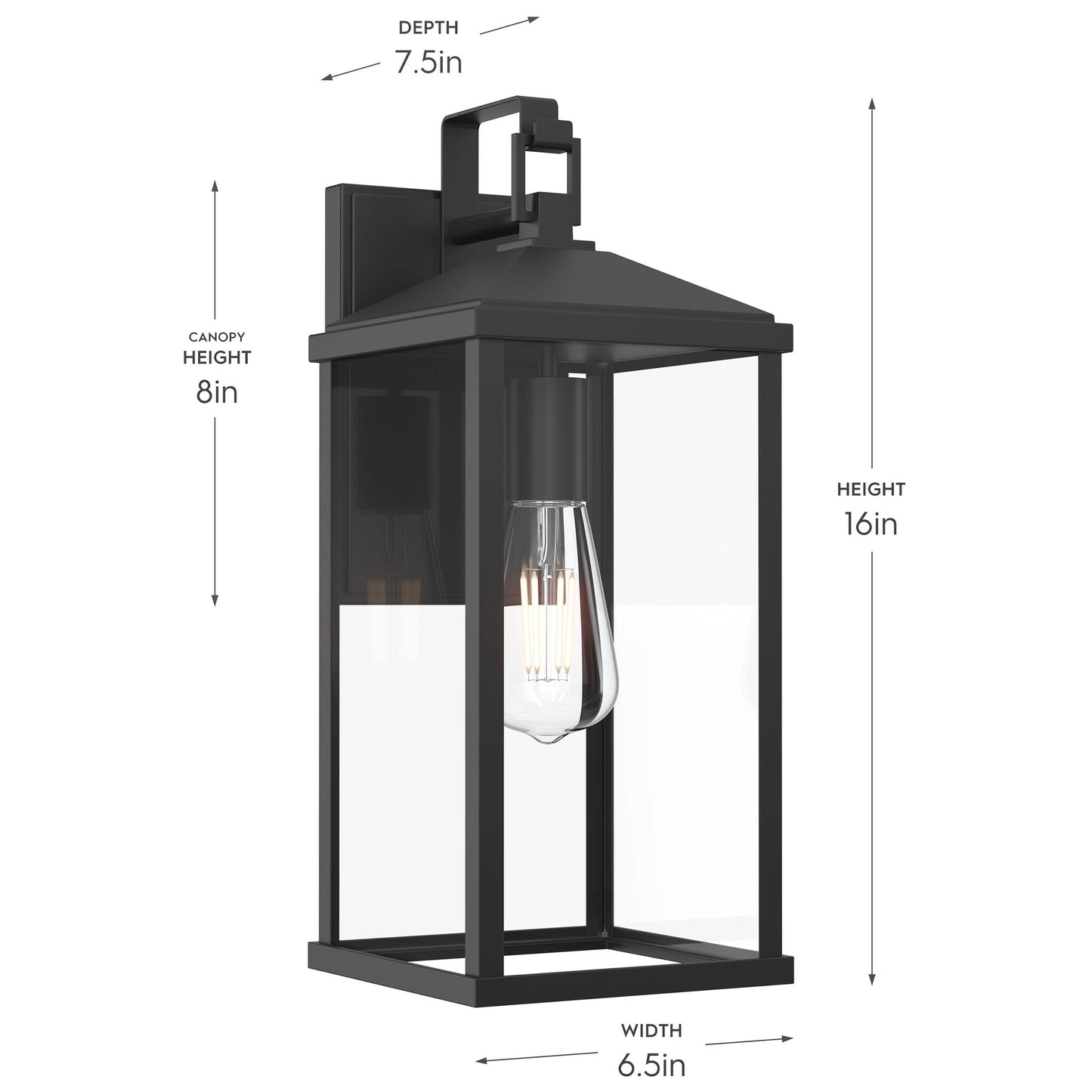 Progress Lighting P560406-31M Cantley Outdoor Wall Lantern dimensions - 16in height, 6.5in width, 7.5in depth, 8in canopy height