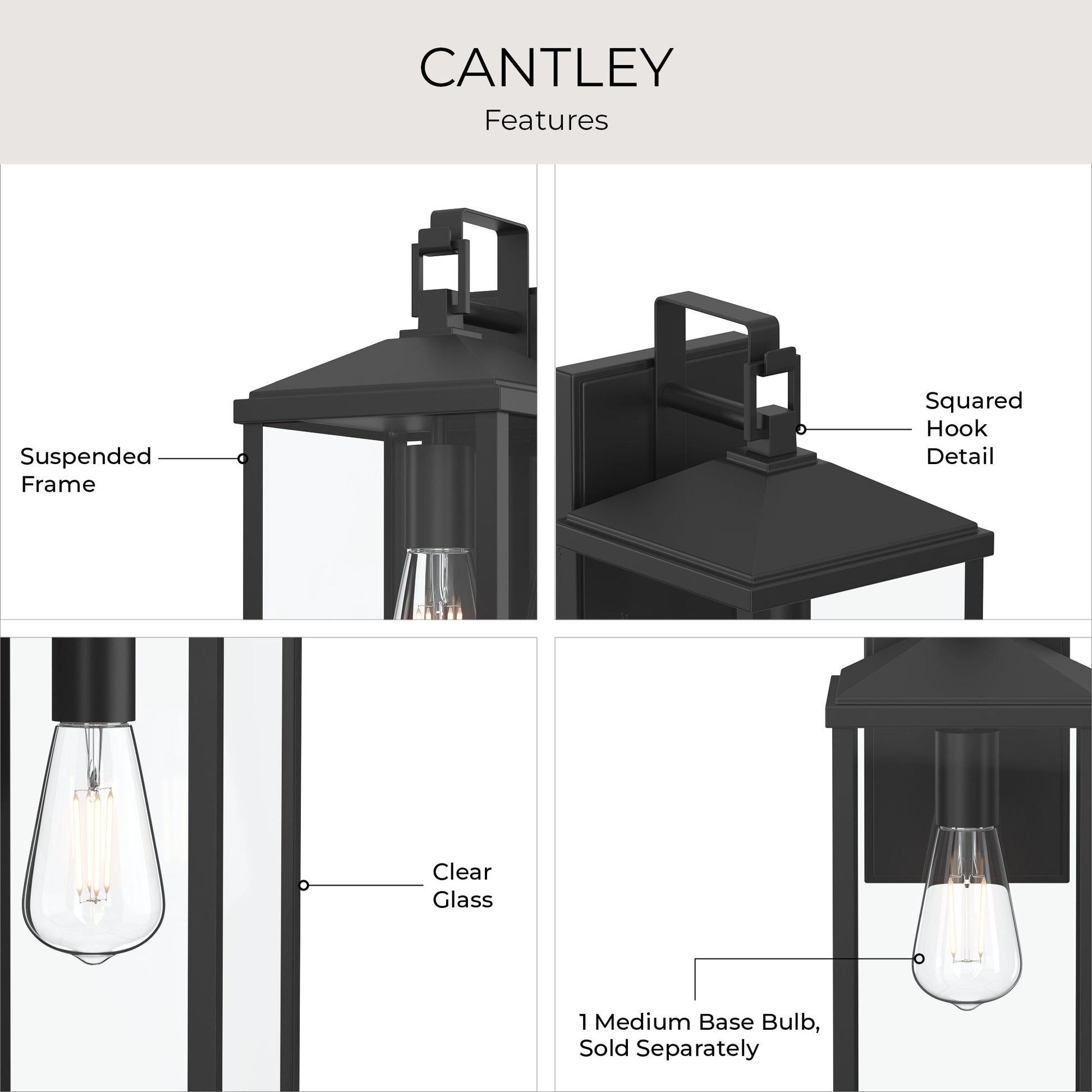 Progress Lighting P560406-31M Cantley Outdoor Wall Lantern feature callout - suspended frame, squared hook detail, clear glass, 1 medium base bulb