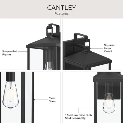 Progress Lighting P560406-31M Cantley Outdoor Wall Lantern feature callout - suspended frame, squared hook detail, clear glass, 1 medium base bulb